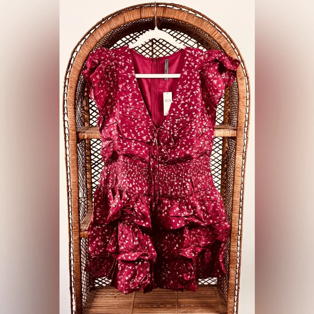 Anthropologie Garnett Ruffle Mini Dress NWT Short Sleeve Metallic Red - Picture 2 of 4